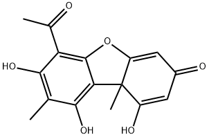 6-アセチル-1,7,9-トリヒドロキシ-8,9b-ジメチルジベンゾフラン-3(9bH)-オン 化学構造式
