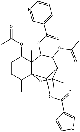 2-ピリジンカルボン酸4,6-ジアセトキシ-10-[(3-フリルカルボニル)オキシ]3,4,5,5a,6,7,8,9-オクタヒドロ-2,2,5a,9-テトラメチル-2H-3,9a-メタノ-1-ベンゾオキセピン-5-イル 化学構造式