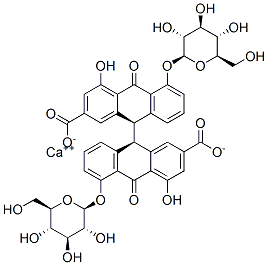 (R*,R*)-5,5'-bis(beta-D-glucopyranosyloxy)-9,9',10,10'-tetrahydro-4,4'-dihydroxy-10,10'-dioxo[9,9'-bianthracene]-2,2'-dicarboxylic acid, calcium salt 化学構造式