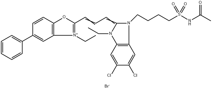 2-[3-[1-[4-[(acetamido)sulphonyl]butyl]-5,6-dichloro-3-ethyl-1,3-dihydro-2H-benzimidazol-2-ylidene]prop-1-enyl]-3-ethyl-5-phenylbenzoxazolium bromide,53014-11-2,结构式