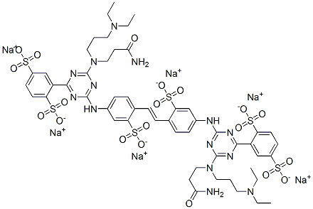 2,2'-[1,2-エテンジイルビス[(3-スルホ-4,1-フェニレン)イミノ[6-[(3-アミノ-3-オキソプロピル)[3-(ジエチルアミノ)プロピル]アミノ]-1,3,5-トリアジン-4,2-ジイル]]]ビス[1,4-ベンゼンジスルホン酸]六ナトリウム 化学構造式