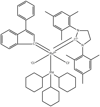 [1,3‐ビス(2,4,6‐トリメチルフェニル)‐2‐イミダゾリジニリデン]ジクロロ(3‐フェニル‐1H‐インデン‐1‐イリデン)(トリシクロヘキシルホスフィン)ルテニウム(II) 化学構造式