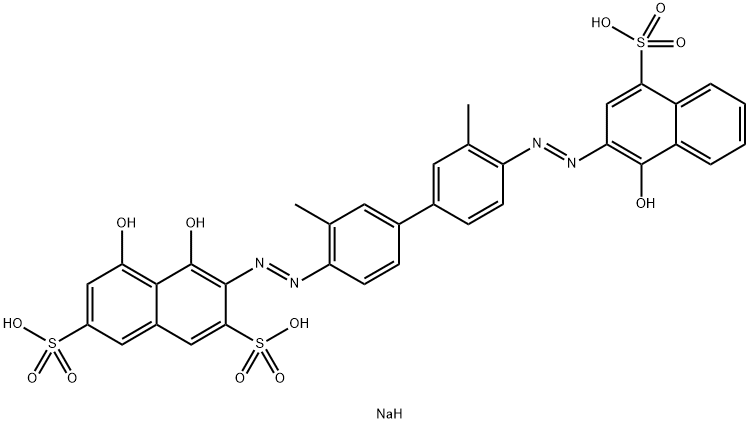 4,5-ジヒドロキシ-3-[[4'-[(1-ヒドロキシ-4-スルホ-2-ナフチル)アゾ]-3,3'-ジメチル-1,1'-ビフェニル-4-イル]アゾ]-2,7-ナフタレンジスルホン酸三ナトリウム 化学構造式