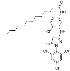 1-(2,4,6-トリクロロフェニル)-3-(2-クロロ-5-テトラデカノイルアミノアニリノ)-2-ピラゾリン-5-オン 化学構造式