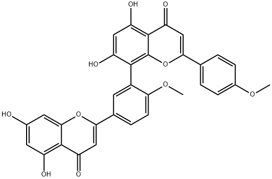 8-[5-(5,7-ジヒドロキシ-4-オキソ-4H-1-ベンゾピラン-2-イル)-2-メトキシフェニル]-5,7-ジヒドロキシ-2-(4-メトキシフェニル)-4H-1-ベンゾピラン-4-オン 化学構造式