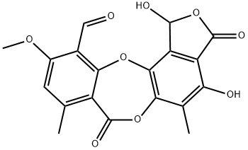 1,3-ジヒドロ-1,4-ジヒドロキシ-10-メトキシ-5,8-ジメチル-3,7-ジオキソ-7H-イソベンゾフロ[4,5-b][1,4]ベンゾジオキセピン-11-カルボアルデヒド 化学構造式