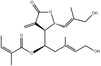 (Z)-2-メチル-2-ブテン酸[(R,E)-5-ヒドロキシ-3-メチル-1-[(2R,3R)-テトラヒドロ-2-[(E)-3-ヒドロキシ-2-メチル-1-プロペニル]-4-メチレン-5-オキソフラン-3-イル]-3-ペンテニル] 化学構造式
