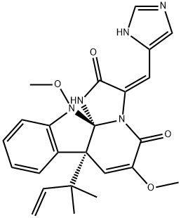 (7aR,12aS)-7a-(1,1-ジメチル-2-プロペニル)-7a,12-ジヒドロ-3-[(E)-(1H-イミダゾール-4-イル)メチレン]-6,12-ジメトキシ-1H,5H-イミダゾ[1',2':1,2]ピリド[2,3-b]インドール-2,5(3H)-ジオン 化学構造式