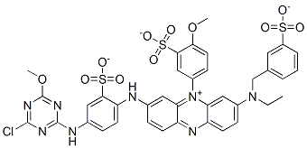 dihydrogen 3-[[4-[(4-chloro-6-methoxy-1,3,5-triazin-2-yl)amino]-2-sulphonatophenyl]amino]-7-[ethyl[(3-sulphonatophenyl)methyl]amino]-5-(4-methoxy-3-sulphonatophenyl)phenazinium,55772-12-8,结构式