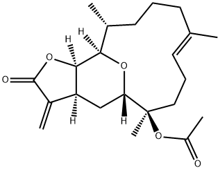 (3aS,5S,6R,9E,14R,15R,15aR)-2,3,3a,4,5,6,7,8,11,12,13,14,15,15a-Tetradecahydro-6,10,14-trimethyl-3-methylene-2-oxo-5,15-epoxycyclotetradeca[b]furan-6-ol acetate 结构式