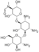 4-O-(2-Amino-2-deoxy-α-D-glucopyranosyl)-6-O-[3-deoxy-3-[formyl(methyl)amino]-α-D-xylopyranosyl]-2-deoxy-D-streptamine 结构式