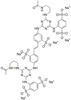 hexasodium 2,2'-[vinylenebis[(3-sulphonato-4,1-phenylene)imino[6-[[3-(acetylamino)propyl]amino]-1,3,5-triazine-4,2-diyl]imino]]bis(benzene-1,4-disulphonate) 结构式