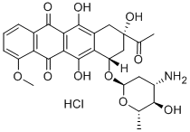 (8S-顺式)-8-乙酰基-10-[(3-氨基-2,3,6-三去氧-ALPHA-L-阿拉伯吡喃糖基)氧基]-7,8,9,10-四氢-6,8,11-三羟基-1-甲氧基并四苯-5,12-二酮盐酸盐, 56390-08-0, 结构式