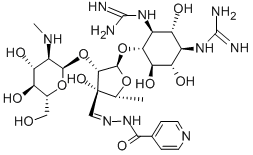 4-Pyridinecarboxylic acid, hydrazide, hydrazone with O-2-deoxy-2-(methylamino)-alpha-l-glucopyranosyl-(1->2)-O-5-deoxy-3-C-formyl-alpha-l-lyxofuranosyl-(1->4)-N,N'-bis(aminoiminomethyl)-d-streptamine sulfate (2:3) (salt) Structure