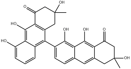2',3',6,7-テトラヒドロ-1,2',5',6,9,10'-ヘキサヒドロキシ-2',6-ジメチル[2,9'-ビアントラセン]-4',8(1'H,5H)-ジオン 化学構造式