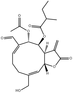 (3aS,6E,10Z)-3-Methylene-4α-(2-methylbutanoyloxy)-5β-acetoxy-6-formyl-10-(hydroxymethyl)-2,3,3aβ,4,5,8,9,11aα-octahydrocyclodeca[b]furan-2-one Structure