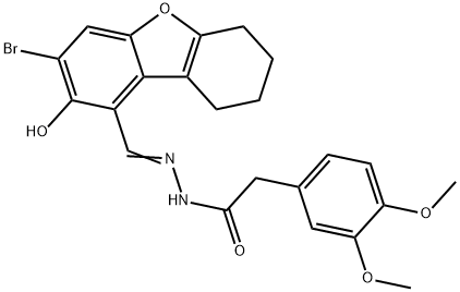 Benzeneacetic acid, 3,4-dimethoxy-, [(3-bromo-6,7,8,9-tetrahydro-2-hydroxy-1-dibenzofuranyl)methylene]hydrazide (9CI) Struktur