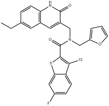 Benzo[b]thiophene-2-carboxamide, 3-chloro-N-[(6-ethyl-1,2-dihydro-2-oxo-3-quinolinyl)methyl]-6-fluoro-N-(2-furanylmethyl)- (9CI),579450-33-2,结构式