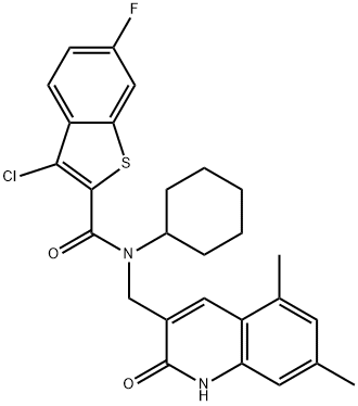 Benzo[b]thiophene-2-carboxamide, 3-chloro-N-cyclohexyl-N-[(1,2-dihydro-5,7-dimethyl-2-oxo-3-quinolinyl)methyl]-6-fluoro- (9CI) 结构式