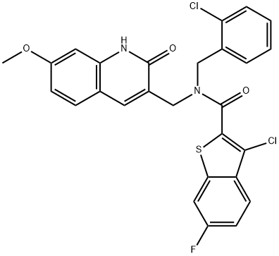 Benzo[b]thiophene-2-carboxamide, 3-chloro-N-[(2-chlorophenyl)methyl]-N-[(1,2-dihydro-7-methoxy-2-oxo-3-quinolinyl)methyl]-6-fluoro- (9CI),579456-90-9,结构式