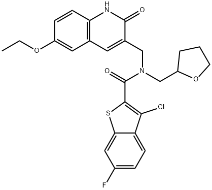 Benzo[b]thiophene-2-carboxamide, 3-chloro-N-[(6-ethoxy-1,2-dihydro-2-oxo-3-quinolinyl)methyl]-6-fluoro-N-[(tetrahydro-2-furanyl)methyl]- (9CI) 化学構造式