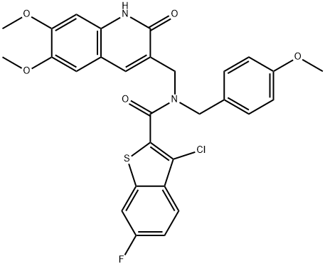 Benzo[b]thiophene-2-carboxamide, 3-chloro-N-[(1,2-dihydro-6,7-dimethoxy-2-oxo-3-quinolinyl)methyl]-6-fluoro-N-[(4-methoxyphenyl)methyl]- (9CI) Struktur