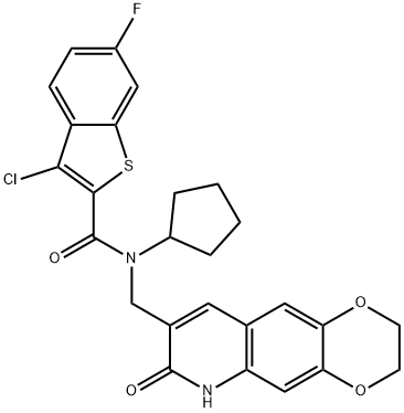 Benzo[b]thiophene-2-carboxamide, 3-chloro-N-cyclopentyl-6-fluoro-N-[(2,3,6,7-tetrahydro-7-oxo-1,4-dioxino[2,3-g]quinolin-8-yl)methyl]- (9CI) 结构式