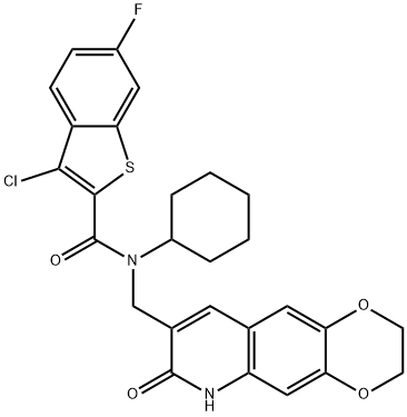 Benzo[b]thiophene-2-carboxamide, 3-chloro-N-cyclohexyl-6-fluoro-N-[(2,3,6,7-tetrahydro-7-oxo-1,4-dioxino[2,3-g]quinolin-8-yl)methyl]- (9CI) 化学構造式