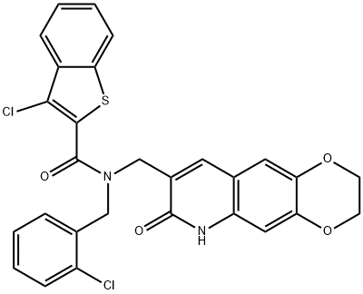 Benzo[b]thiophene-2-carboxamide, 3-chloro-N-[(2-chlorophenyl)methyl]-N-[(2,3,6,7-tetrahydro-7-oxo-1,4-dioxino[2,3-g]quinolin-8-yl)methyl]- (9CI) Struktur