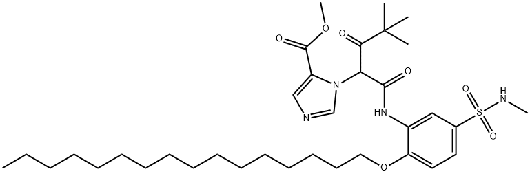 1-[1-[[[2-(ヘキサデシルオキシ)-5-[(メチルアミノ)スルホニル]フェニル]アミノ]カルボニル]-3,3-ジメチル-2-オキソブチル]-1H-イミダゾール-5-カルボン酸メチル 化学構造式