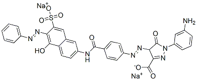 1-(3-アミノフェニル)-4,5-ジヒドロ-4-[[4-[[[5-ヒドロキシ-6-(フェニルアゾ)-7-ソジオスルホ-2-ナフタレニル]アミノ]カルボニル]フェニル]アゾ]-5-オキソ-1H-ピラゾール-3-カルボン酸ナトリウム 化学構造式
