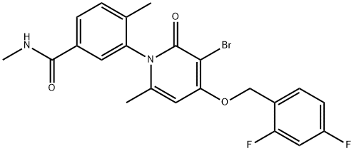 3-(3-ブロモ-4-((2,4-ジフルオロベンジル)オキシ)-6-メチル-2-オキソピリジン-1(2H)-イル)-N,4-ジメチルベンズアミド 化学構造式