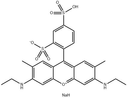 9-(2-ソジオスルホ-4-スルホナトフェニル)-3,6-ビス(エチルアミノ)-2,7-ジメチルキサンチリウム 化学構造式