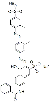 disodium 7-(benzoylamino)-4-hydroxy-3-[[3-methyl-4-[(2-methyl-4-sulphonatophenyl)azo]phenyl]azo]naphthalene-2-sulphonate Struktur