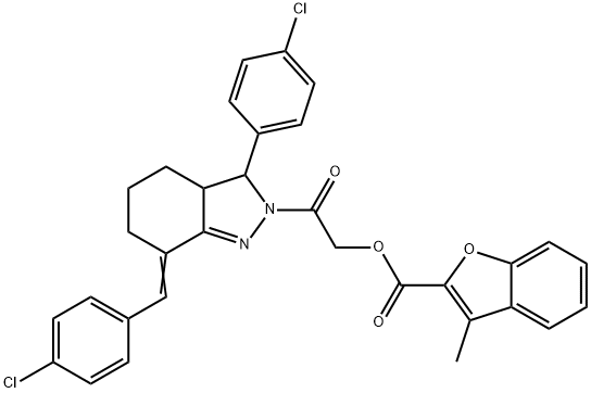 2-Benzofurancarboxylicacid,3-methyl-,2-[3-(4-chlorophenyl)-7-[(4-chlorophenyl)methylene]-3,3a,4,5,6,7-hexahydro-2H-indazol-2-yl]-2-oxoethylester(9CI) 化学構造式