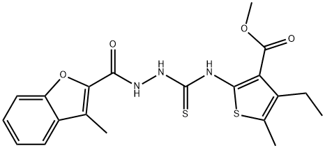 2-Benzofurancarboxylicacid,3-methyl-,2-[[[4-ethyl-3-(methoxycarbonyl)-5-methyl-2-thienyl]amino]thioxomethyl]hydrazide(9CI) Structure