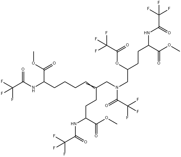 5-[[[6-Methoxy-6-oxo-5-[(trifluoroacetyl)amino]-2-[(trifluoroacetyl)oxy]hexyl](trifluoroacetyl)amino]methyl]-2,10-bis[(trifluoroacetyl)amino]-5-undecenedioic acid dimethyl ester Struktur