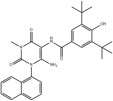 Benzamide,  N-[6-amino-1,2,3,4-tetrahydro-3-methyl-1-(1-naphthalenyl)-2,4-dioxo-5-pyrimidinyl]-3,5-bis(1,1-dimethylethyl)-4-hydroxy- 化学構造式
