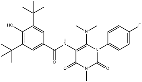 Benzamide,  N-[6-(dimethylamino)-1-(4-fluorophenyl)-1,2,3,4-tetrahydro-3-methyl-2,4-dioxo-5-pyrimidinyl]-3,5-bis(1,1-dimethylethyl)-4-hydroxy- 化学構造式