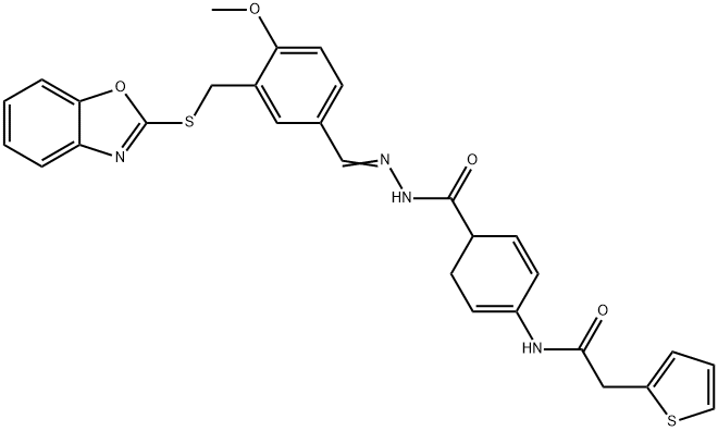 2,4-Cyclohexadiene-1-carboxylicacid,4-[(2-thienylacetyl)amino]-,[[3-[(2-benzoxazolylthio)methyl]-4-methoxyphenyl]methylene]hydrazide(9CI),595603-30-8,结构式