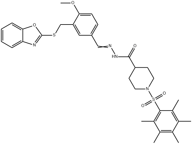 4-Piperidinecarboxylicacid,1-[(pentamethylphenyl)sulfonyl]-,[[3-[(2-benzoxazolylthio)methyl]-4-methoxyphenyl]methylene]hydrazide(9CI) 化学構造式