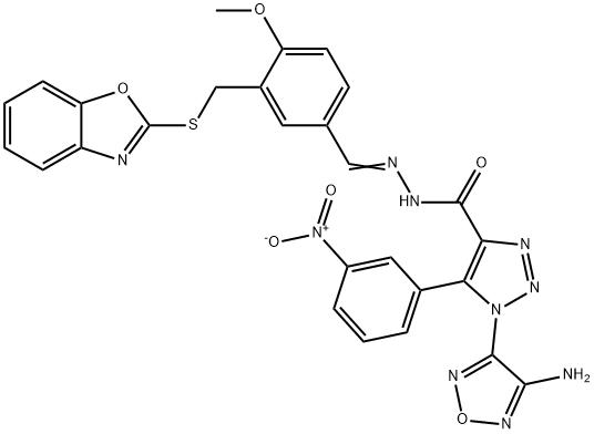 1H-1,2,3-Triazole-4-carboxylicacid,1-(4-amino-1,2,5-oxadiazol-3-yl)-5-(3-nitrophenyl)-,[[3-[(2-benzoxazolylthio)methyl]-4-methoxyphenyl]methylene]hydrazide(9CI) 化学構造式