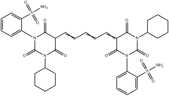 2-(3-シクロヘキシル-5-{5-[3-シクロヘキシル-6-ヒドロキシ-2,4-ジオキソ-1-(2-スルファモイルフェニル)-1,2,3,4-テトラヒドロピリミジン-5-イル]ペンタ-2,4-ジエン-1-イリデン}-2,4,6-トリオキソ-1,3-ジアジナン-1-イル)ベンゼン-1-スルホンアミド 化学構造式