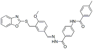 Benzoic acid, 4-[(4-methylbenzoyl)amino]-, [[3-[(2-benzoxazolylthio)methyl]-4-methoxyphenyl]methylene]hydrazide (9CI) Structure