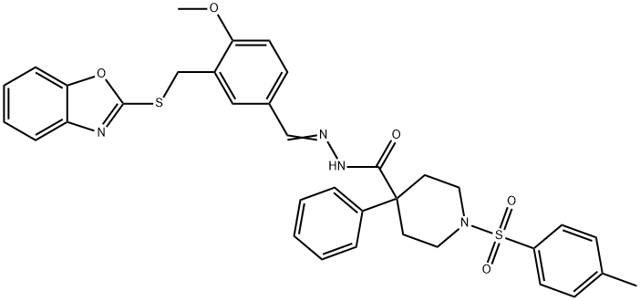 4-Piperidinecarboxylicacid,1-[(4-methylphenyl)sulfonyl]-4-phenyl-,[[3-[(2-benzoxazolylthio)methyl]-4-methoxyphenyl]methylene]hydrazide(9CI) Structure