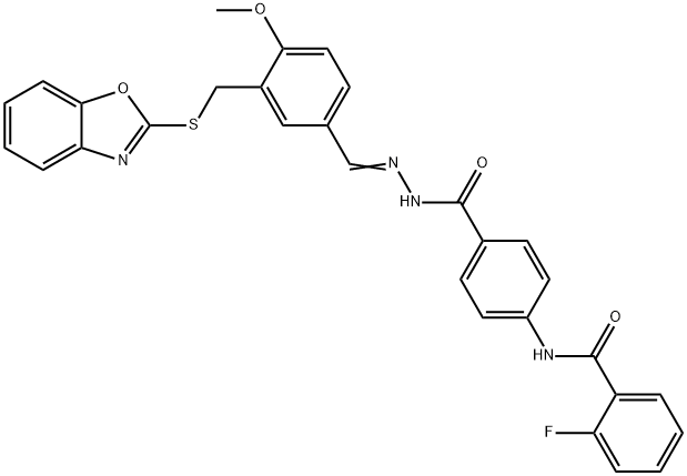 Benzoic acid, 4-[(2-fluorobenzoyl)amino]-, [[3-[(2-benzoxazolylthio)methyl]-4-methoxyphenyl]methylene]hydrazide (9CI) 化学構造式