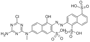 disodium hydrogen 2-[[6-[(4-amino-6-chloro-1,3,5-triazin-2-yl)methylamino]-1-hydroxy-3-sulphonato-2-naphthyl]azo]naphthalene-1,5-disulphonate Structure