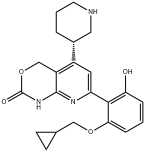 7-[2-(Cyclopropylmethoxy)-6-hydroxyphenyl]-1,4-dihydro-5-(3S)-3-piperidinyl-2H-pyrido[2,3-d][1,3]oxazin-2-one 化学構造式