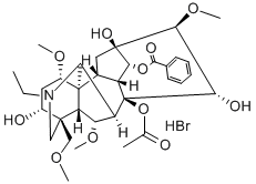 20-エチル-1α,6α,16β-トリメトキシ-4-(メトキシメチル)アコニタン-3α,8,13,14α,15α-ペンタオール8-アセタート14-ベンゾアート·臭化水素酸塩 化学構造式