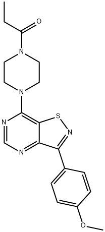 Piperazine, 1-[3-(4-methoxyphenyl)isothiazolo[4,5-d]pyrimidin-7-yl]-4-(1-oxopropyl)- (9CI) 化学構造式